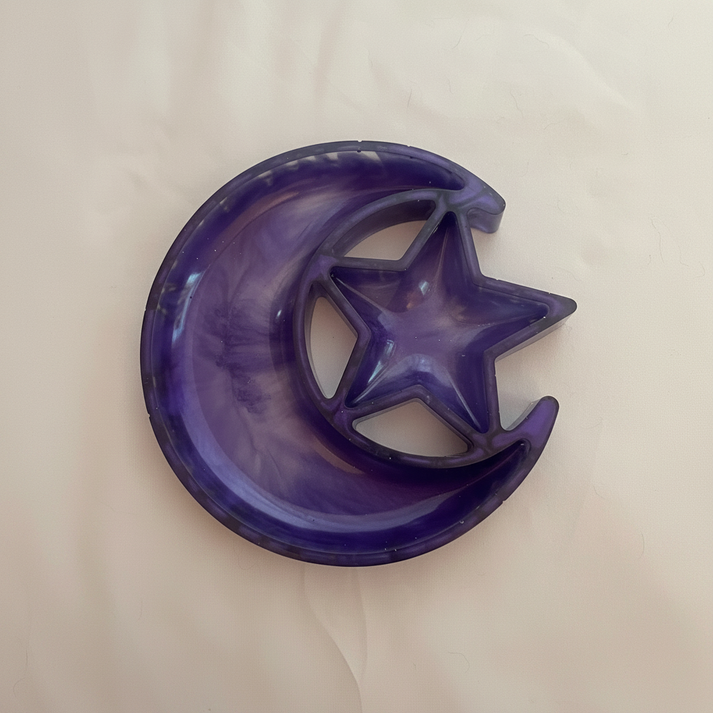 Celestial moon and star resin trinket tray in purple on soft lilac background