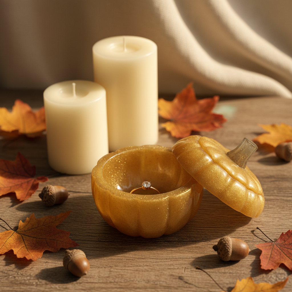 Gold glitter resin pumpkin trinket box styled in a cosy autumnal scene with warm candles and autumn leaves