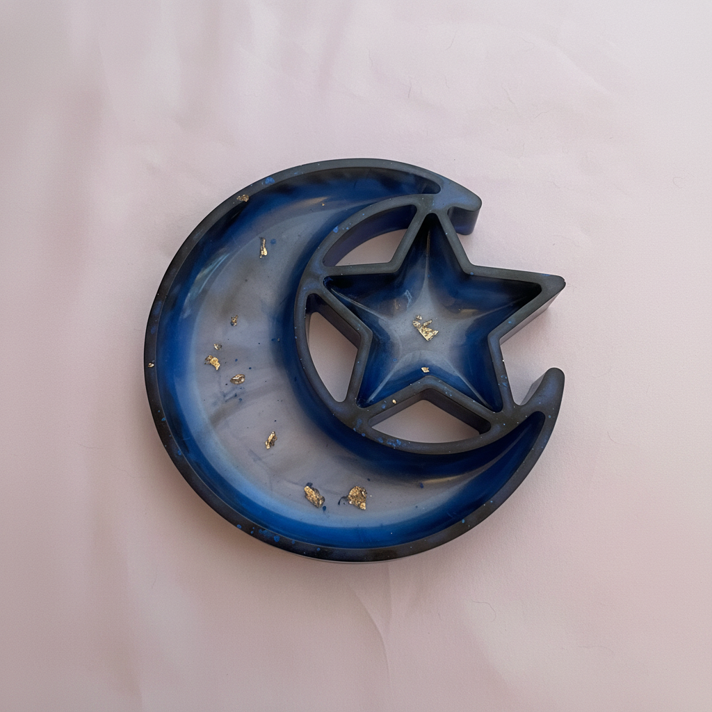 Celestial moon and star resin trinket tray in blue with gold flakes on soft lilac background