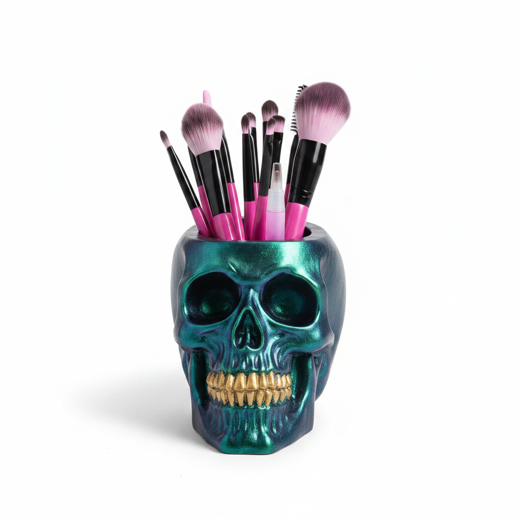 Resin skull makeup brush holder - deep teal green finish on white background