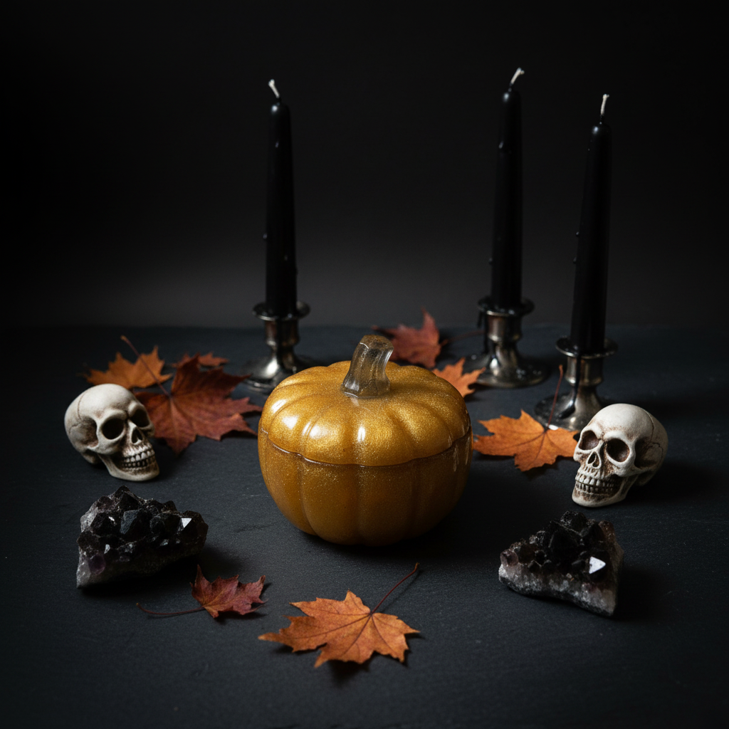 Gold glitter resin pumpkin trinket box styled in a spooky Halloween scene with black candles and dark crystals