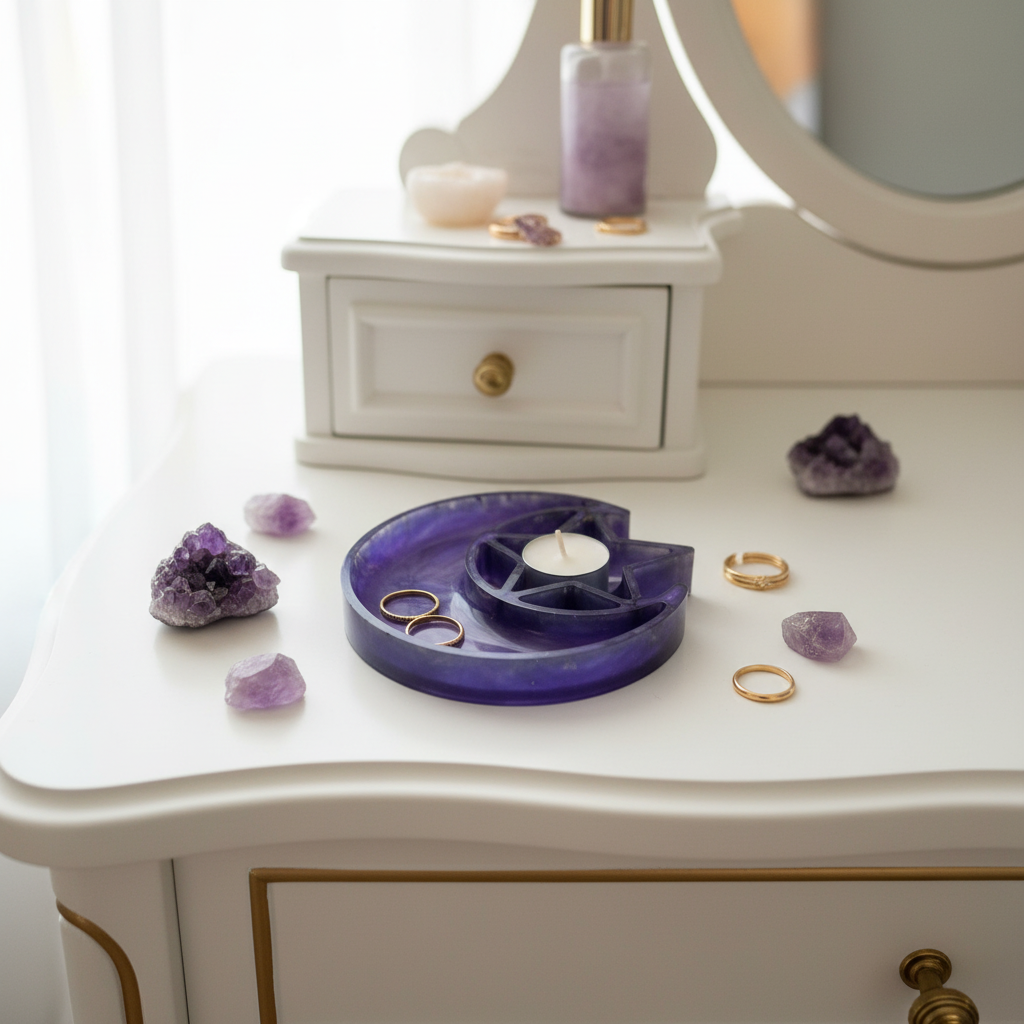 Celestial moon and star resin trinket tray in purple styled on a dressing table with rings, crystals and a candle