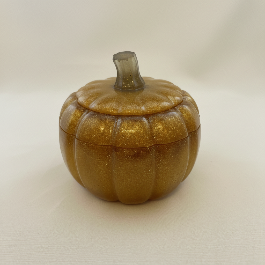 Gold glitter resin pumpkin trinket box with lid on, pale cream background