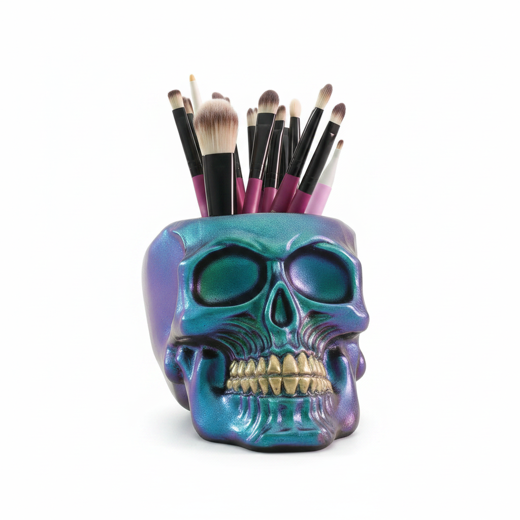 Resin skull makeup brush holder - vivid teal purple iridescent finish on white background