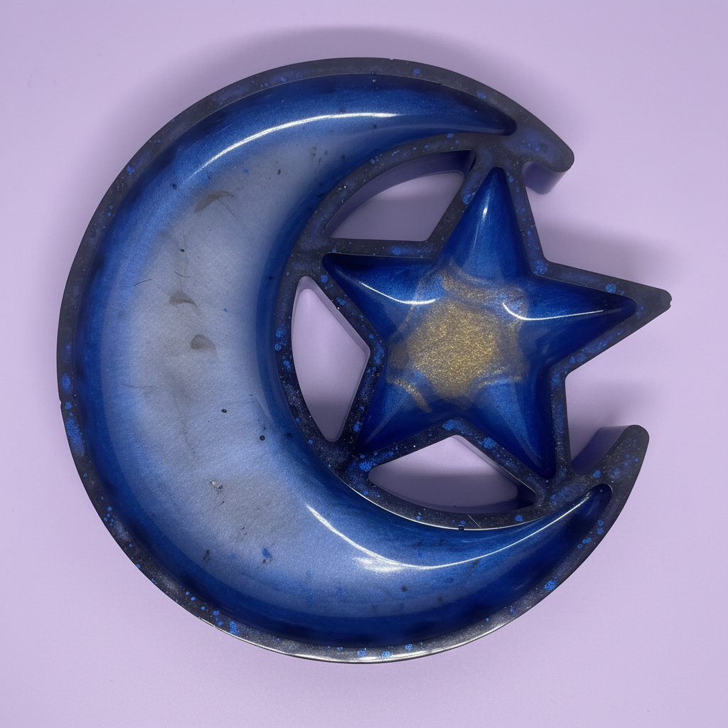 Celestial moon and star resin trinket tray in blue with gold star on soft lilac background