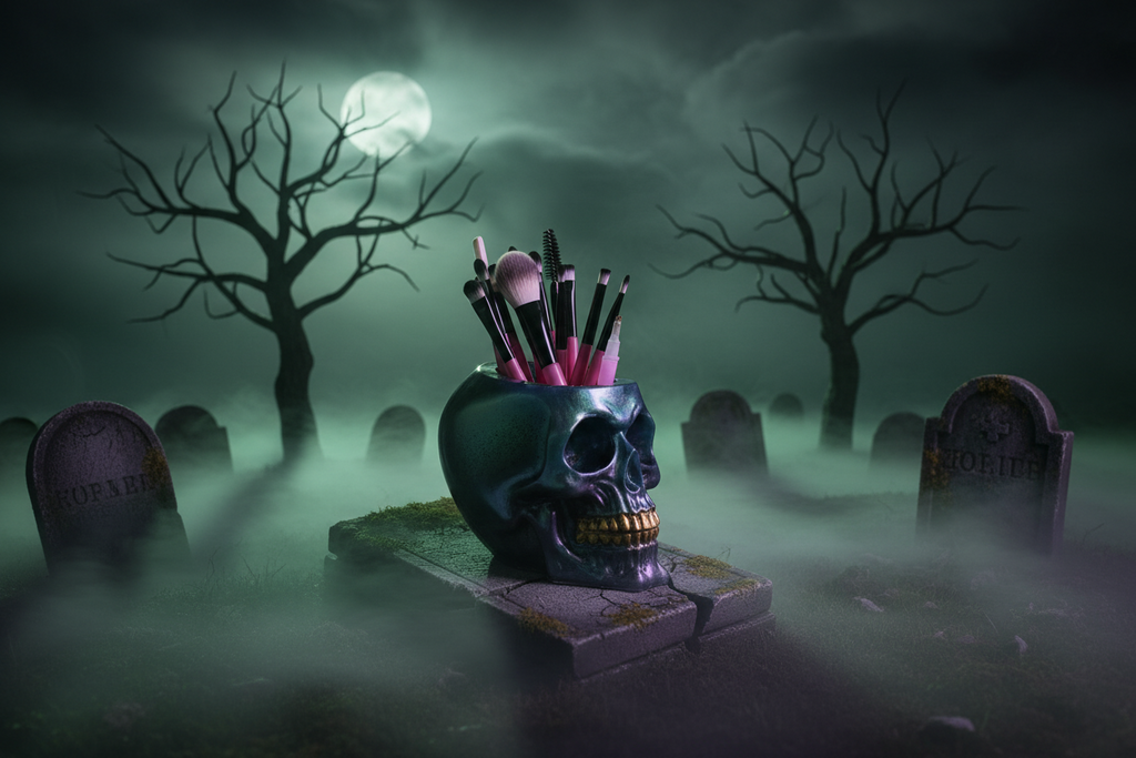 Resin Skull Makeup Brush Holder | Gothic Beauty Storage | Halloween Gift