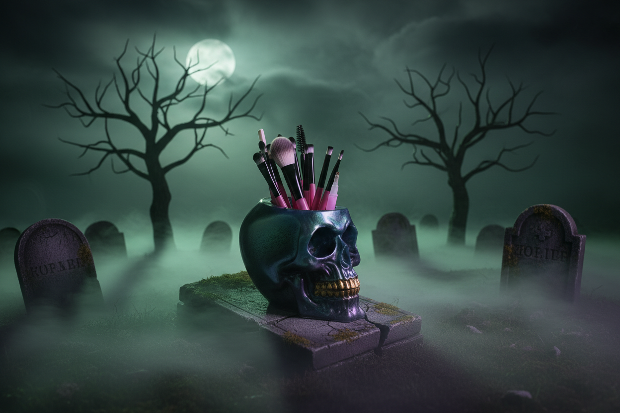 Resin Skull Makeup Brush Holder | Gothic Beauty Storage | Halloween Gift